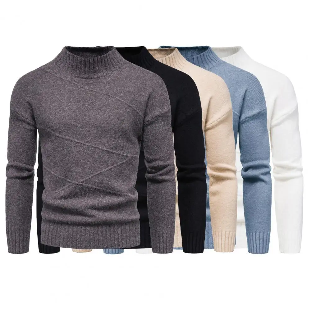 

Men Casual Pullover Top Half High Collar Slim Ribbed Cuff Stripe Solid Color Bottoming Sweater Daily Wear