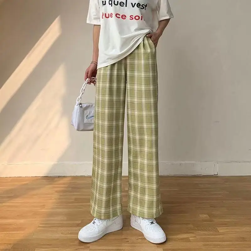 

Over Size New Korean Style Plaid Pants Spring Fashion 2021 Wide Leg Pant Women Lattice Print High Waist Over Size Pants Women