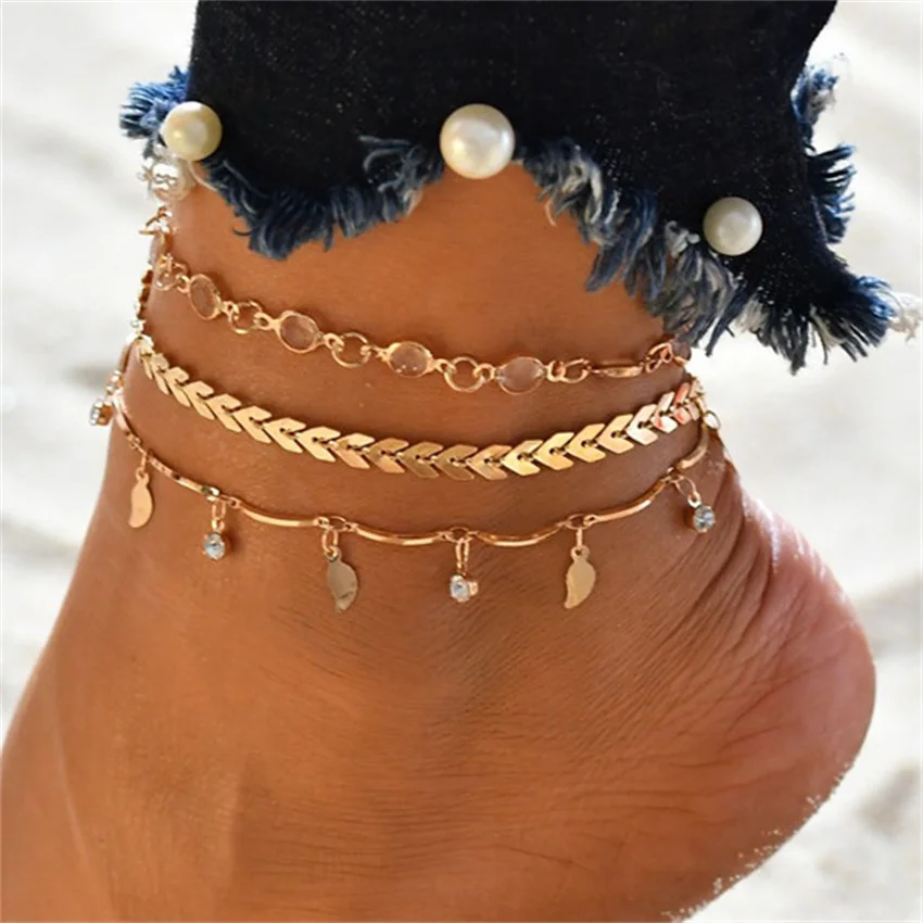 

3 шт./компл. простые ножные браслеты золотого цвета на цепочке для женщин, Пляжная бижутерия на ногу, цепочка на ногу, браслеты на лодыжку, жен...