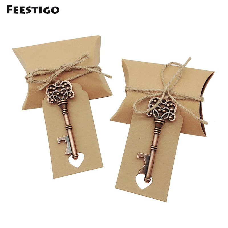 50pcs Wedding Favors For Guests Candy Box Antique Skeleton Key Bottle Openers With Kraft Card Party Favors Supplies birthday