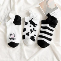 3 pairs cow stripes spot cotton invisible summer boat no show socks women black white men short low cut slippers silicone socks