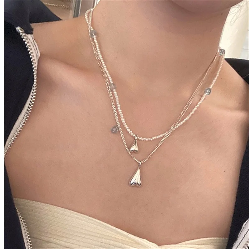 

2022 сердечко серебряного цвета ожерелье с кулоном, с двойным с жемчугом, кристаллами, бисером Choker чокер