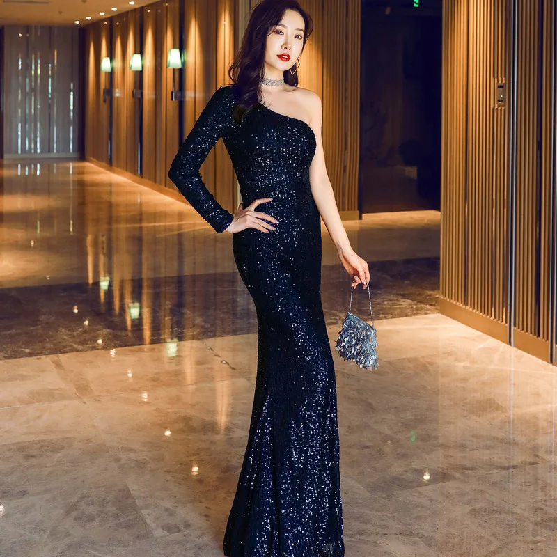 Длинное платье макси с серебряными блестками и одним плечом вечерние платья в