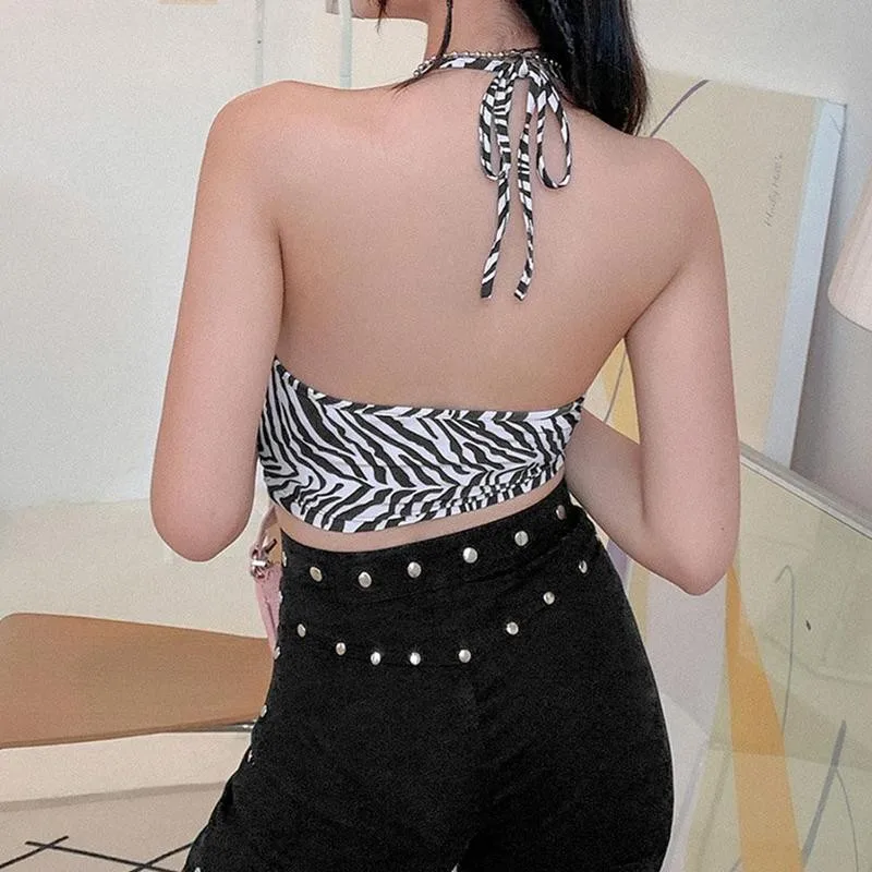 

Zebra Printed Striped Halter Lace Up Tops y2k Streetwear Crop Backless Bodycon Crop Tops Female Camisoles Slim Sexy Backles N2G1