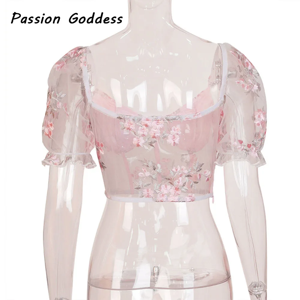 Женская Сетчатая футболка с цветочной вышивкой Розовая прозрачная короткая