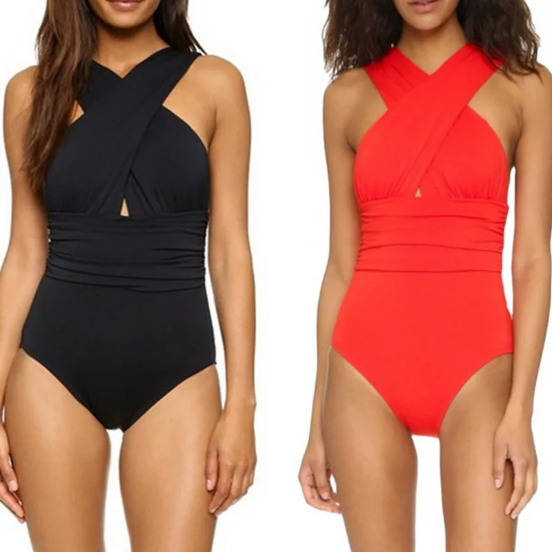 

Summer Women Deep Cross One-piece Swimsuit Women Plain Cutout Halter Swimwear 2021 New Beach Holiday Sexy Bathing Swimsuits