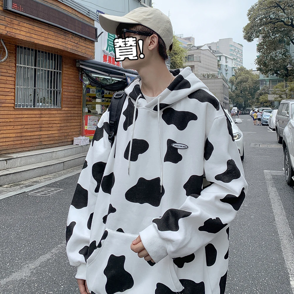 

2021 Spring Korean Hooded Pullover for Men Cow Print Casual Fashion Swearshirt Couple Clothing Hip Hop Streetwear Oversize M-5xl