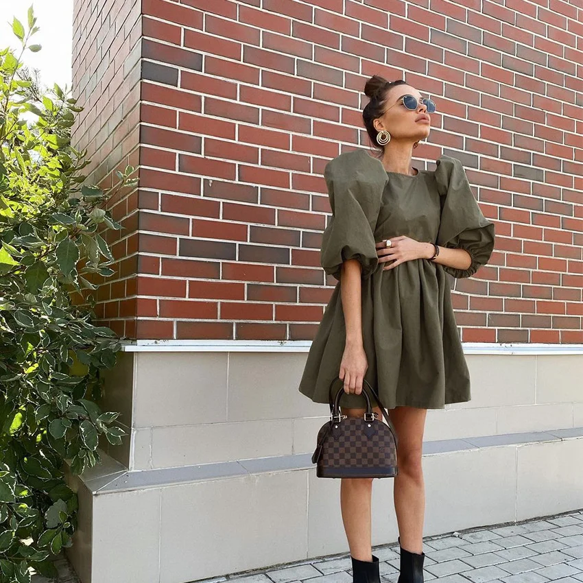 

Women Mini Dress Casual Lantern Sleeve Loose Streetwear Dress Female Elegant Simple Solid Party Dress Summer 2021