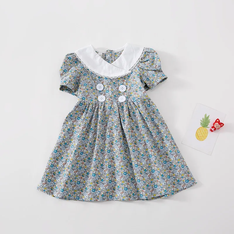 

Summer New Arrival Korean style cotton flowers pattern short sleeve with buttons princess dress for cute sweet baby girls