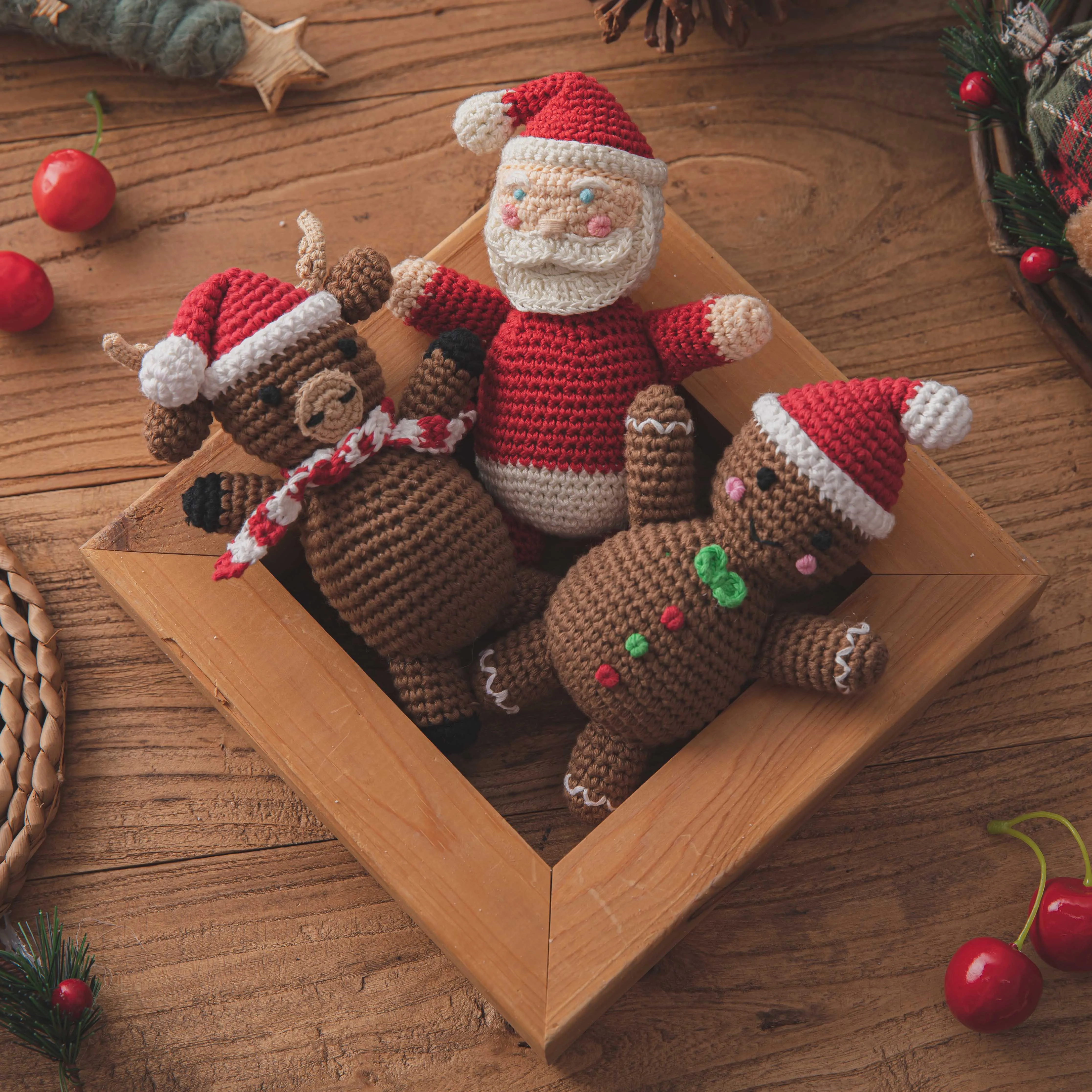 Juego de regalo de Navidad para ni&ntilde;os, mu&ntilde;eco de ganchillo, dulce, de jengibre, sonajero de mano de madera, producto para el cuidado de la dentici&oacute;n infantil, 1 Juego-1