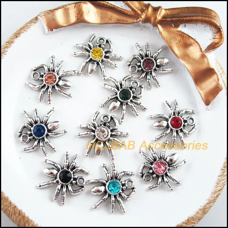 

20Pcs Tibetan Silver Tone Retro Spider Mixed Crystal Charms Pendants 17x19mm