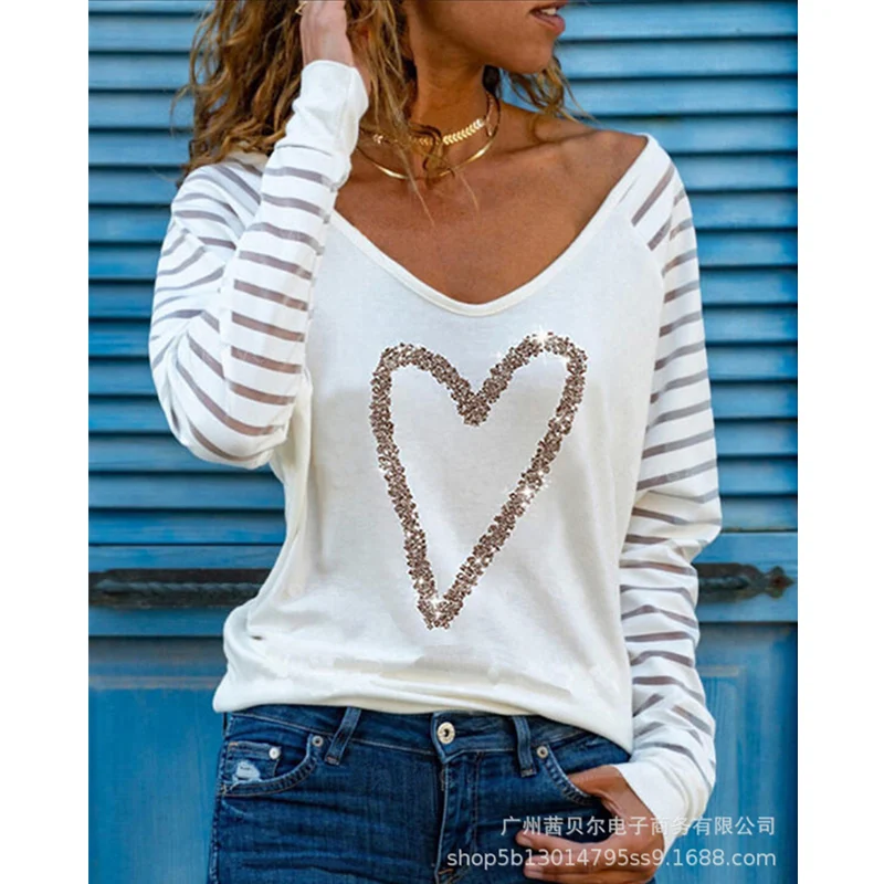 

Mandylandy Women Shirt Lady Elegant Diamond Heart Print Long Sleeve V Neck Loose Bottoming T-shirt Top