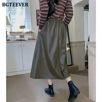 bgteever fashion chic loose women a line faux leather skirts autumn winter elastic waist female pu leather midi skirts 2021