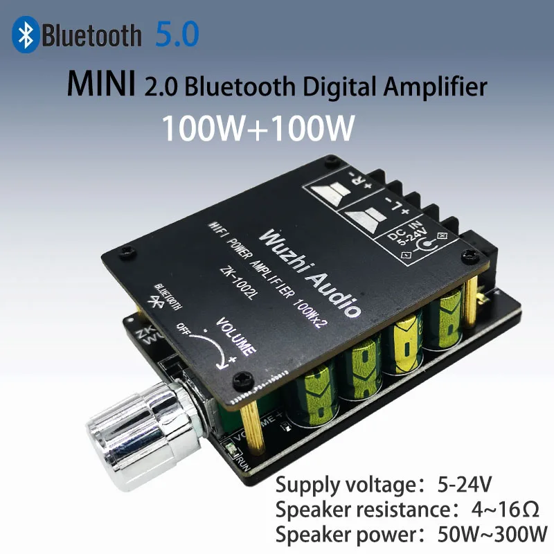 

ZK-1002L ZK-1002 100WX2 TPA3116 Mini Bluetooth 5.0 Wireless Audio Power Digital Amplifier Board Stereo Amp DC 12V 24V