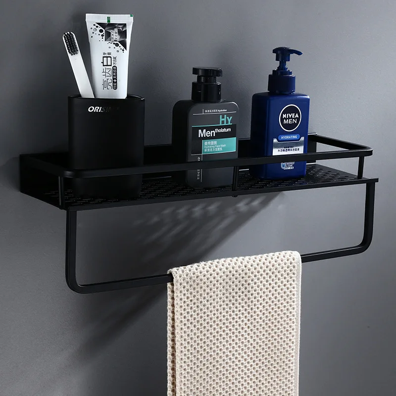 bathroom shelf with towel bar wall mounted aluminum bath shower shelf black bath shampoo holder basket holder corner shelf free global shipping