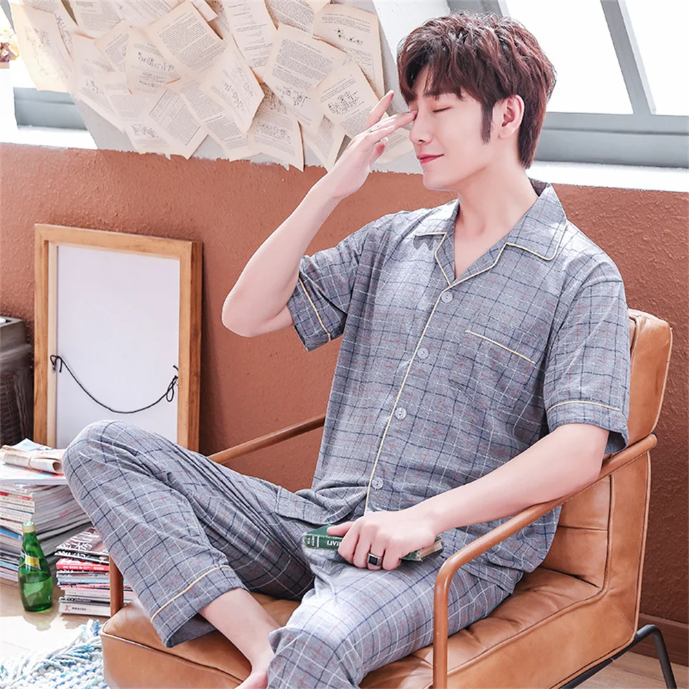 

Spring And Summer New Solid Color Knitted Cotton Men's Pajamas Long-sleeved Cardigan Plus Size Men's Home Service suit