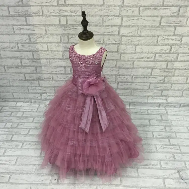 2021 New Flower Girls Dress Kids Sleeveless Tulle Layered Ball Gown with Big Bow Children Bridesmaid Party Vestido | Детская одежда и
