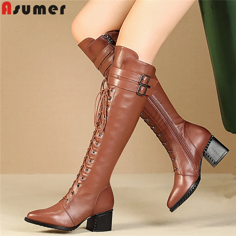 

ASUMER 2021 new arrival knee high boots women genuine leather pointed toe high heels shoes buckle zip autumn winter boots woman