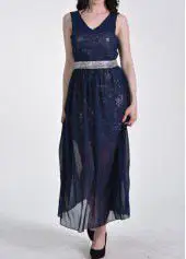 

Sequined Long Evening Dress Sleeveless Backless Slim V-Neck Chiffon Women Prom Dresses Gown For Vestidos And Wedding Guest Party