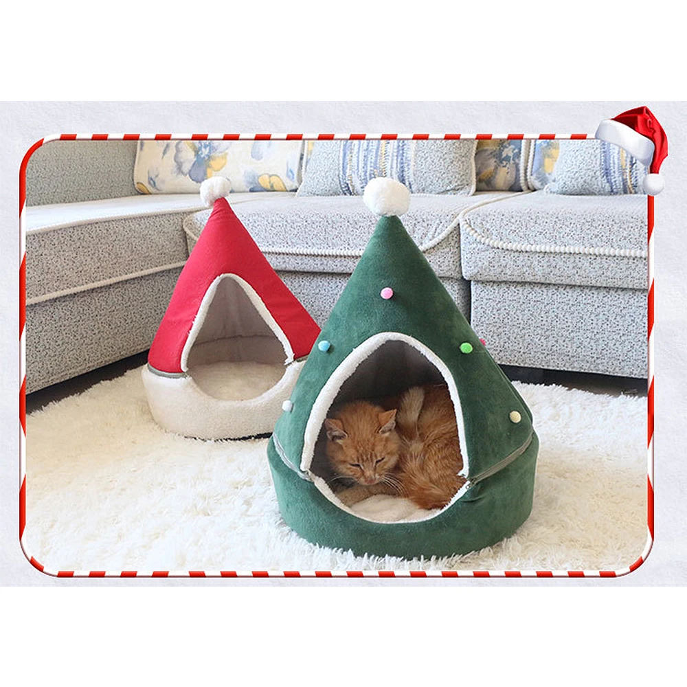 

Cute Christmas Tree Shape Cat Dog House Soft Cozy Foldable Winter Warm Cave Animals Puppy Sleeping Mat Bed Pet Tent House
