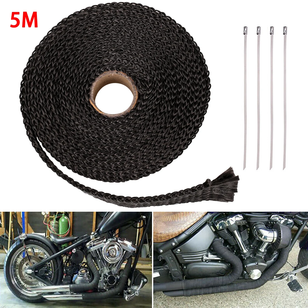 

5M Roll Fiberglass Heat Shield Car Motorcycle Exhaust Manifold Insulation Glass Fiber Thermal Wrap Tape Blacks and 4 Ties Kit