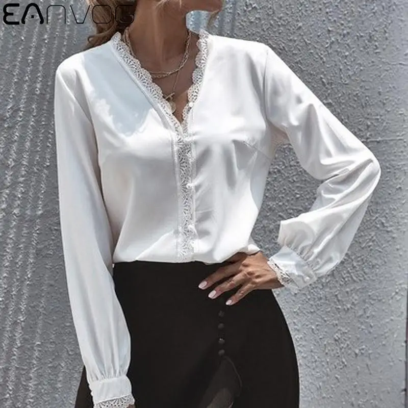 

Classic Chiffon Women Blouse Fashion Office Ladies Tops For Business Lace Shirt Long Sleeve V-neck Loose Women's Blouse