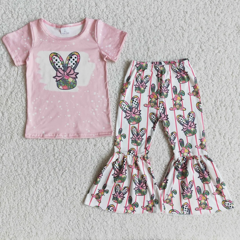 

RTS Easter Baby Girls Short Sleeve Floral Bow Bunny Shirt Striped Bell Bottom Kids Toddler Boutique Outfits