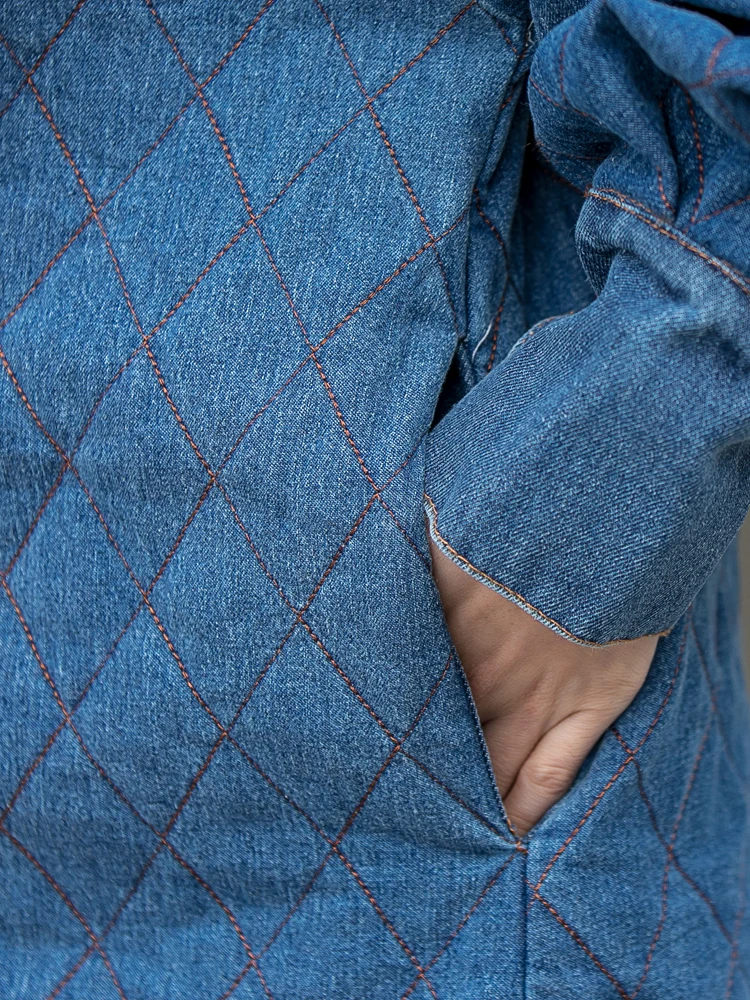 

QING MO The New Cowboy Coat 2020 Fall Winter Quilted Solid Color Coat Mid-length Thicken Shawl Cardigan Coat Navy Blue LHXX455