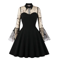 halloween women robe pin up dress mesh embroidery flare sleeve turn down collar summer spring female party elegant dresses
