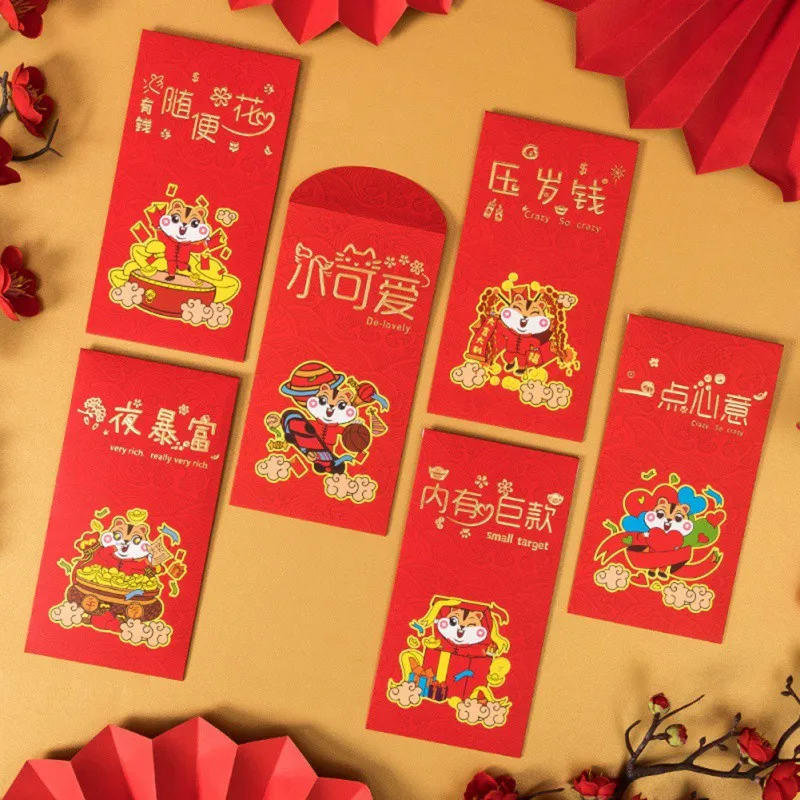 6 шт. конверты красного цвета с изображением мультяшной крысы на Новый год в