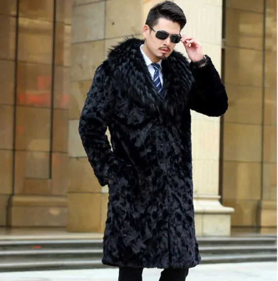Повседневное длинное Стильное мужское пальто из искусственного меха с отложным