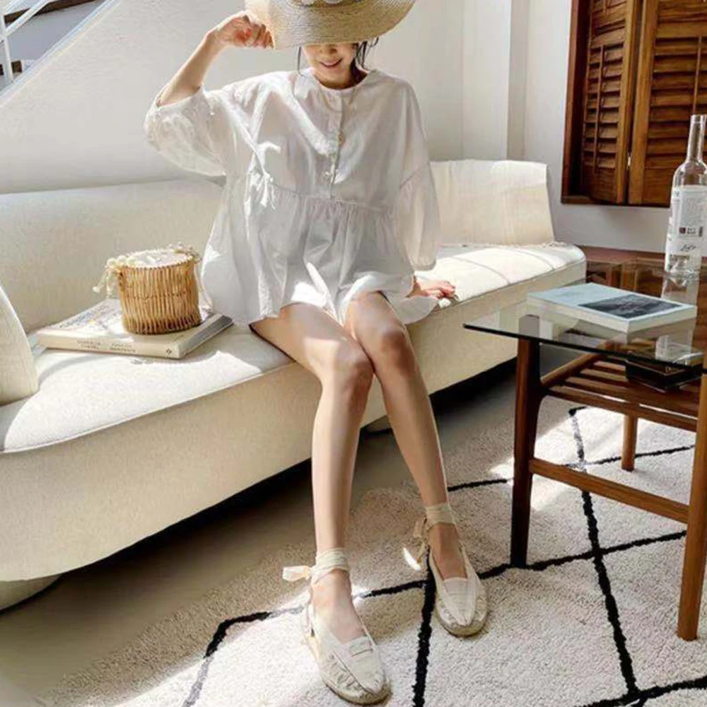 

Korean Fashion Autumn New 2021 Loose Casual Blouse Solid Color Simplicity Round Neck Long Sleeve Folds Women's Clothing