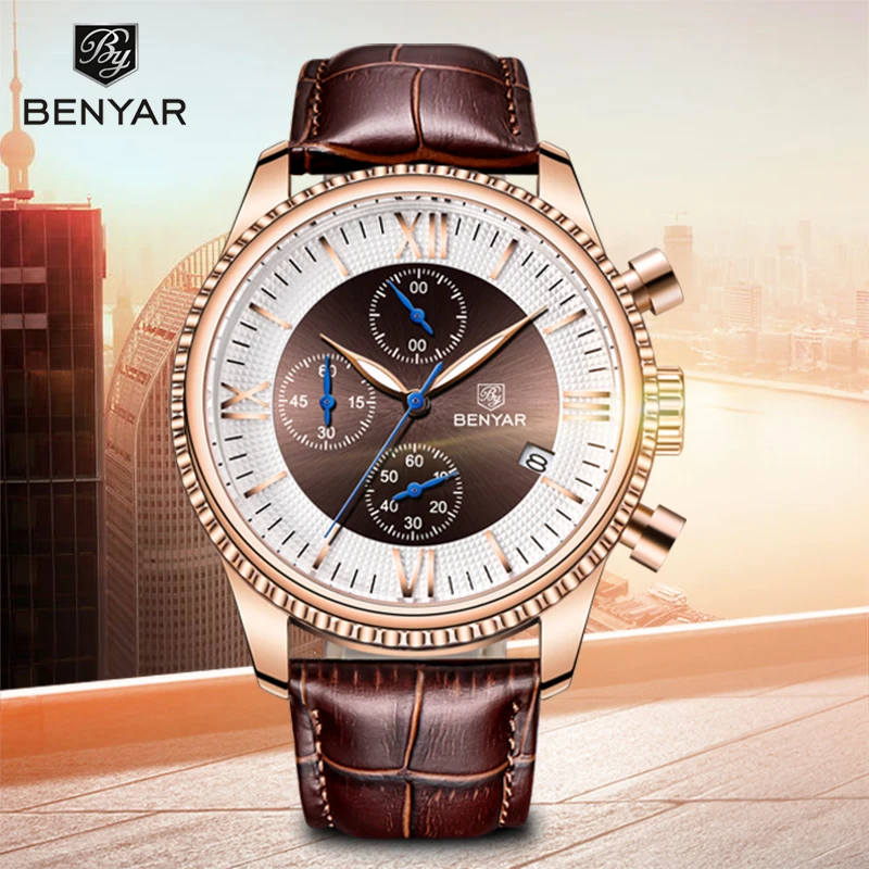 BENYAR Men's Watches 2019 New Luxury Watch Men Leather Chronograph Waterproof Sports Fashion Casual Gold Watch Montre Homme