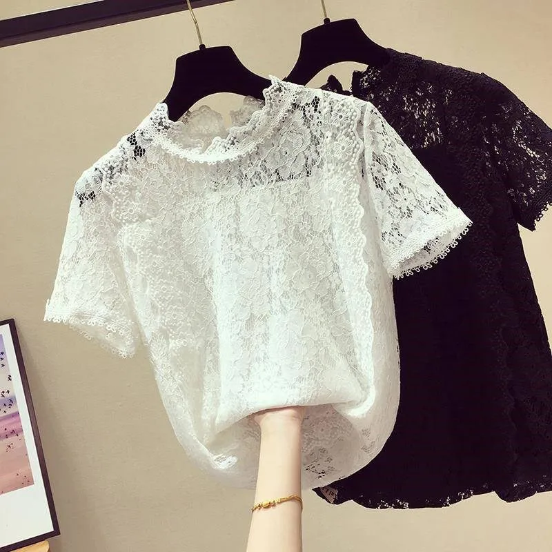 Drop Shipping Fashion New Lace Shirt O-neck Short Sleeve Jacquard Hollow T-Shirt Style Pure Color Top For Women | Женская одежда