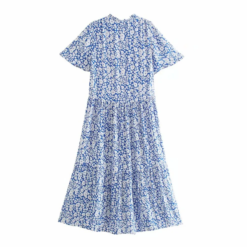 

2021 ZA French style beautiful floral print short sleeve blue V-neck women's casual summer chiffon dress RA 1165144 1165/144