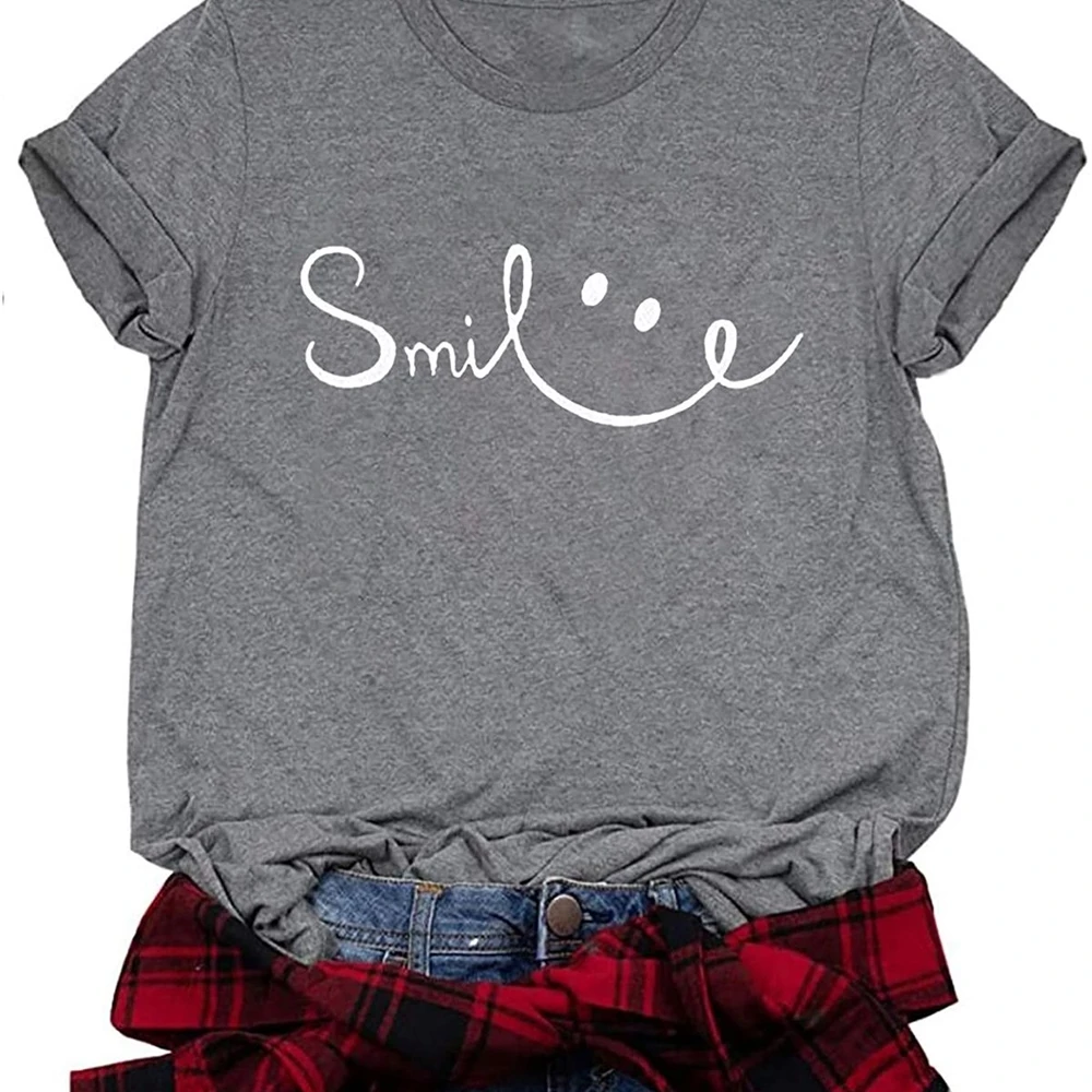 

Smile Shirts for Women Inspirational Fun Shirt Humorous Tees Letter Print Short Sleeve Casual Tops XQQ7