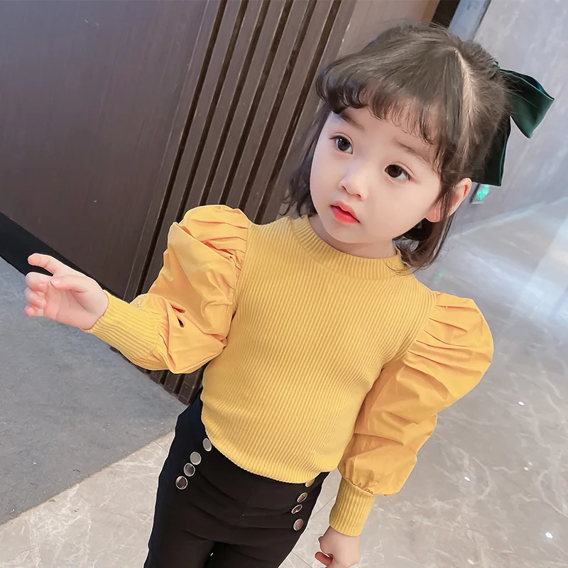 

2021 promotion girls sweater baby knitwear tops children fashion clothes streetwear ins puff sleeve patch 1 to 8 yrs