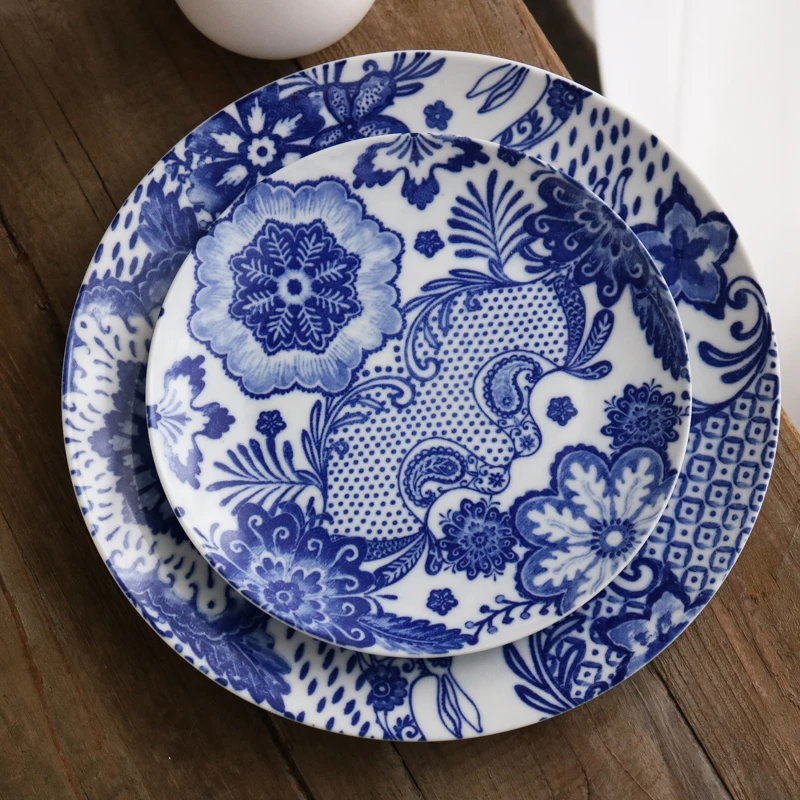 Обеденные тарелки в богемном стиле с синим геометрическим узором керамическая