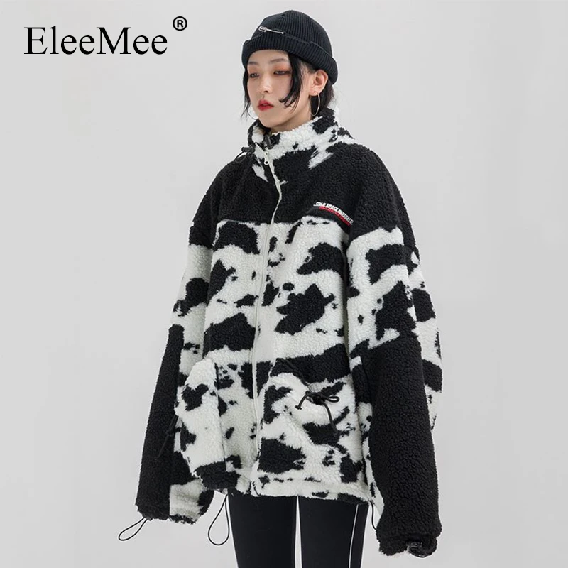 

EleeMee Fashion Lamb Wool Autumn Winter Jacket Women Fleece Shaggy Mixed Color 2022 New Arrival Oversized Outwear Size M-2Xl