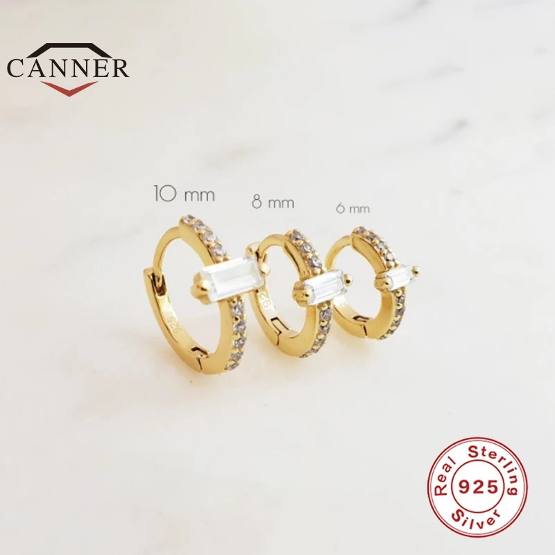 

CANNER 6/8/10mm Real 925 Sterling Silver Luxury Rectangular Zircon Hoop Earrings For Women Piercing Earring Jewelry Pendientes
