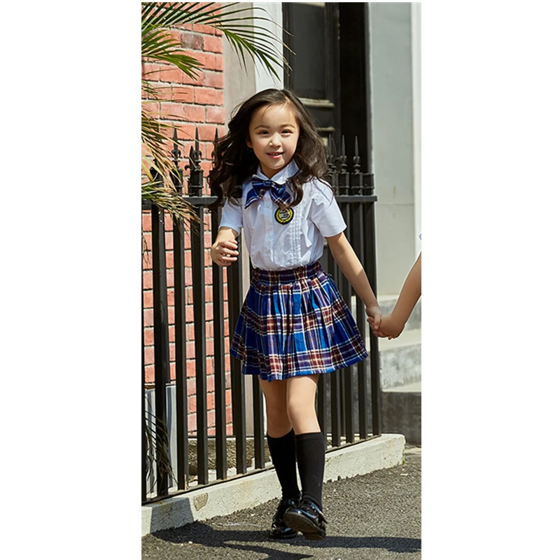 Girl Blue Set Детская модная школьная форма в корейском и японском стиле на рост 90-180 см, классная одежда, топ, клетчатая юбка, сценические костюмы с галстуком для детей - Цвет: Girl Blue Set