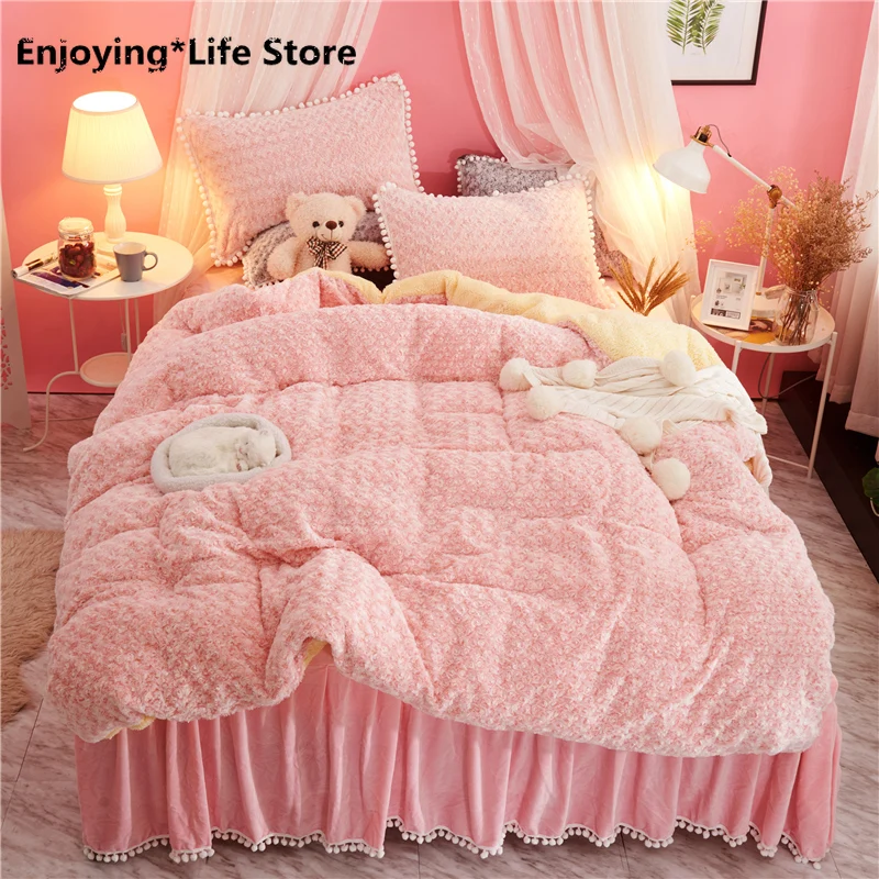 

Luxury Rose Rabbit Velvet Princess Bedding Sets Fleece Winter Warm Duvet Cover Samll Ball Bed Skirt Pillowcases Queen Size 4 Pcs