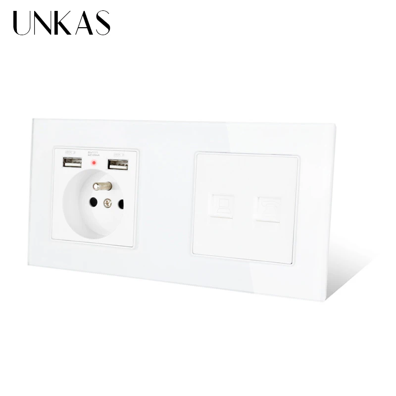Французская стандартная настенная розетка UNKAS со стеклянной панелью и 2