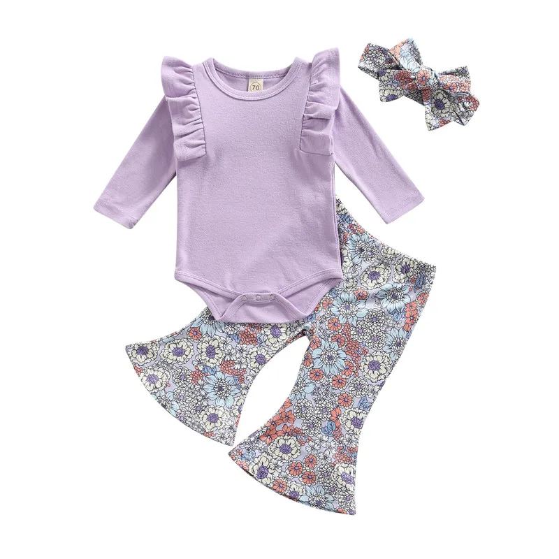 

Baby Girls Clothes Sets Fall Spring Purple Floral Print Fly Long Sleeve Romper Top+Pants+Headdress Sweet 3PCS For Newborn Kids