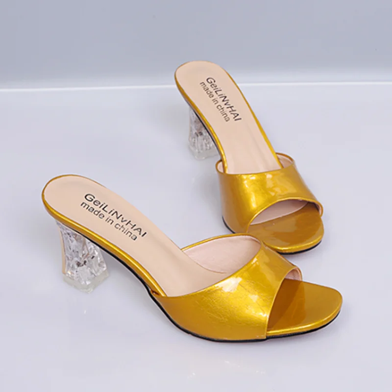 Golden PU Leather Shallow Comfor Woman Slippers Sexy Peep Toe Light Non-Slip High Heels 2022 Summer Comfortable Designer Slides