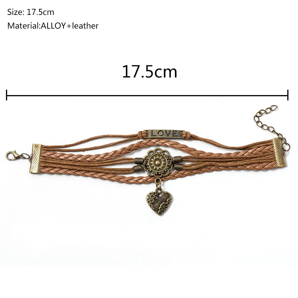 

1PCS Vintage Leather Charm Weave gold punk Bracelet Infinity LOVE Heart Flower Women Antique Copper Charm Weave Lady Gift