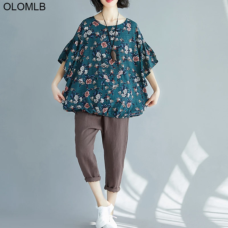 Женская хлопковая льняная футболка с рукавом летучая мышь свободная Винтажная