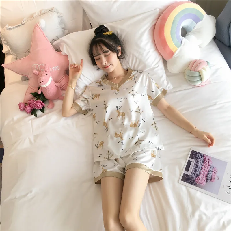 Summer Women's Pajamas Simulation Silk Short-sleeved Sweet and Sexy V-neck Home Service Pajamas for Women Sleepwear Sleep Tops
