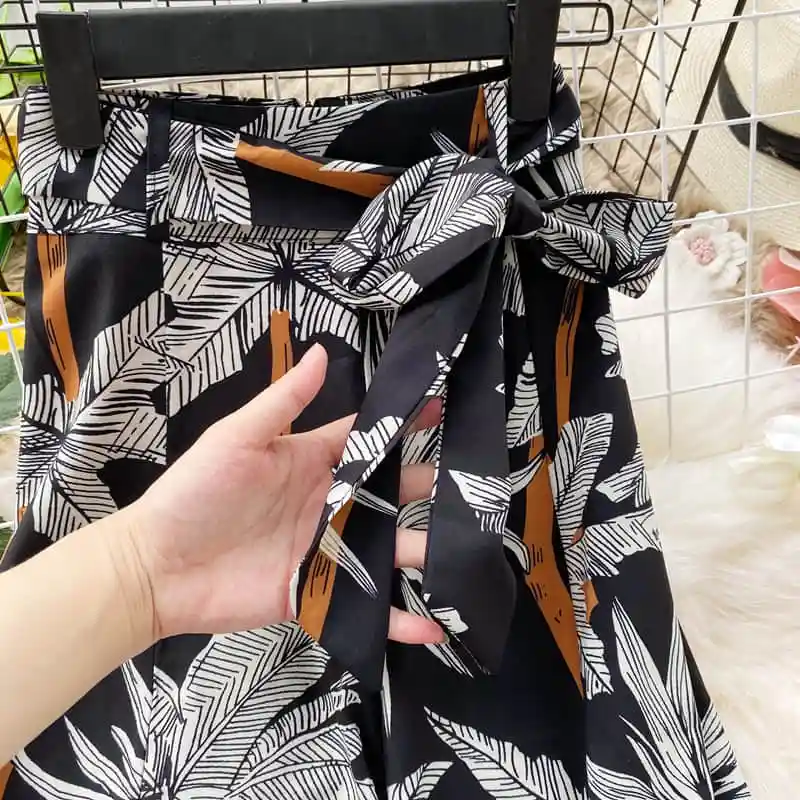 

Vacation Style Split High Waist Wide Leg Pants Woman Bohemian Loose Fit Summer Trousers Ladies Lace-Up Printed Trousers Women