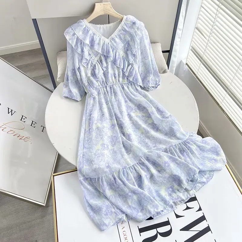 

2021 Summer V Neck Ruffle Women Dress Floral Print High Waist Lace Woman Midi Dresses Elegant Chic Female Long Dress